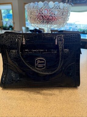 GUESS Black Croc-Embossed Satchel with Silver Hardware (no shoulder strap)